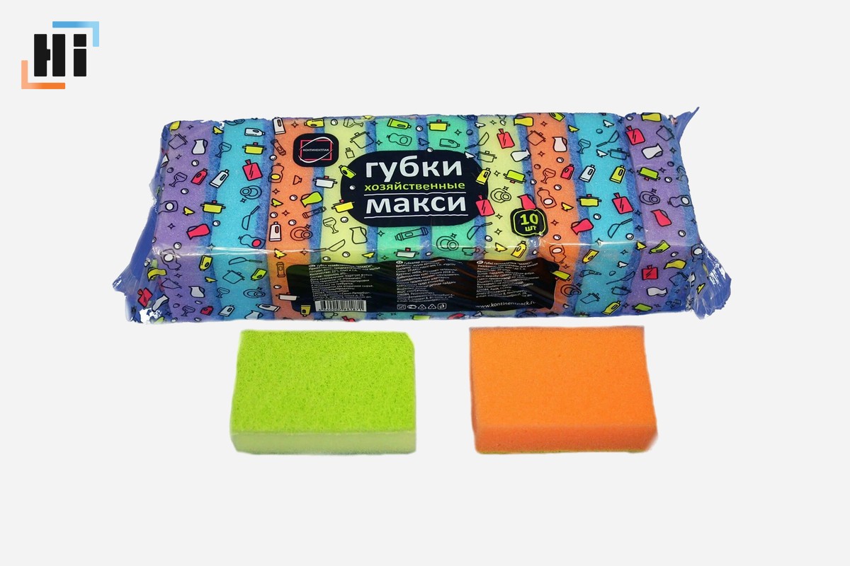 Губка хозяйственная "Макси" 9х6х3 см разноцветные (10 шт) 1